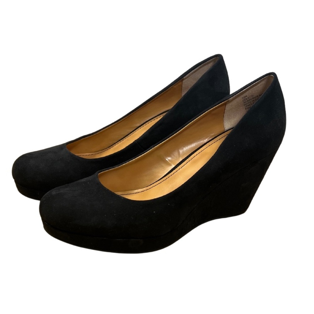 ANA Kenny minimalist black faux suede slip on self covered wedge pump heels 10